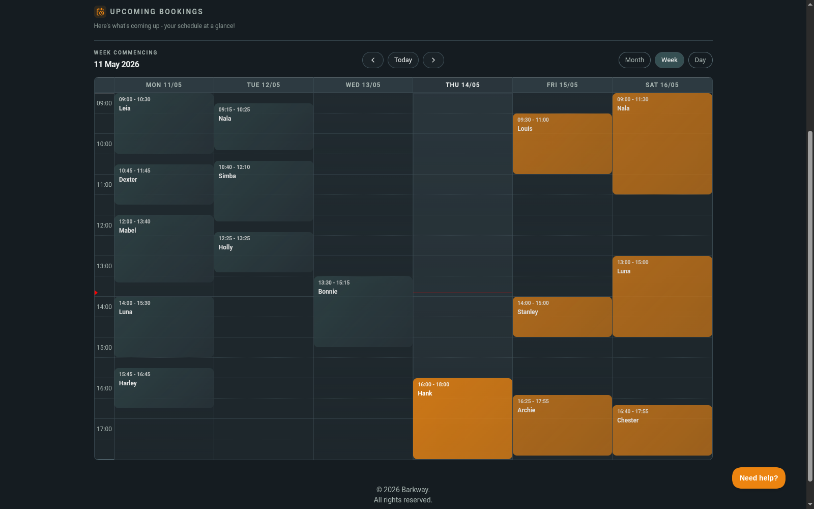 Calendar week view showing schedule grid and bookings
