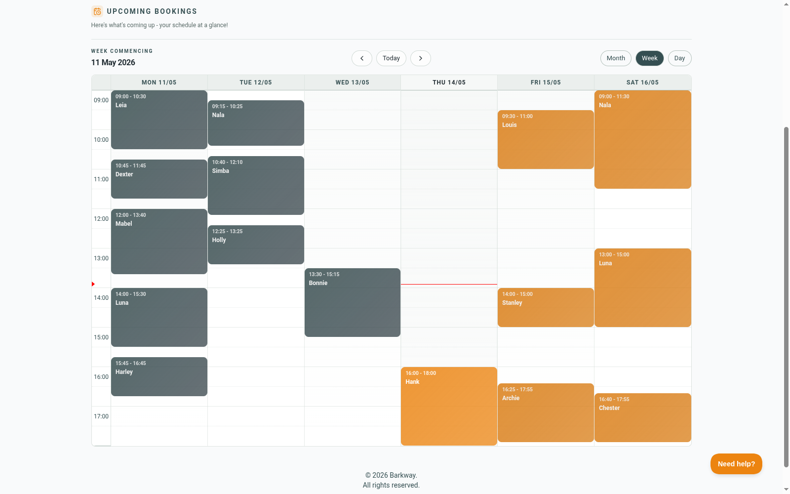 Calendar week view showing schedule grid and bookings
