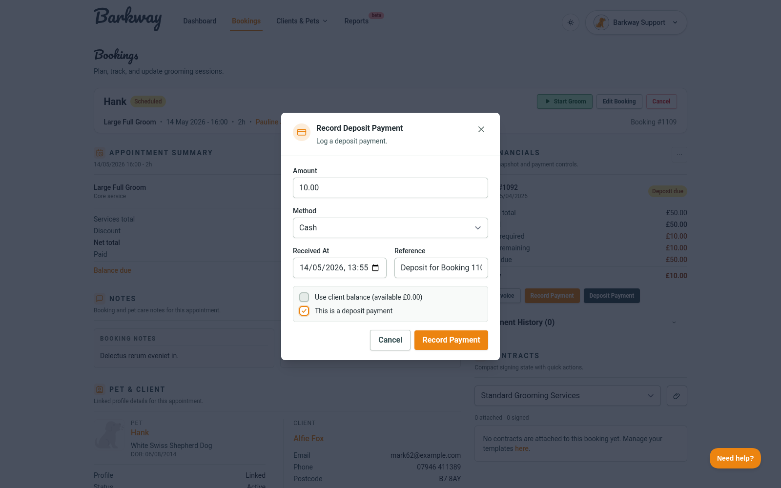 Booking deposit section showing amount, method, and received date