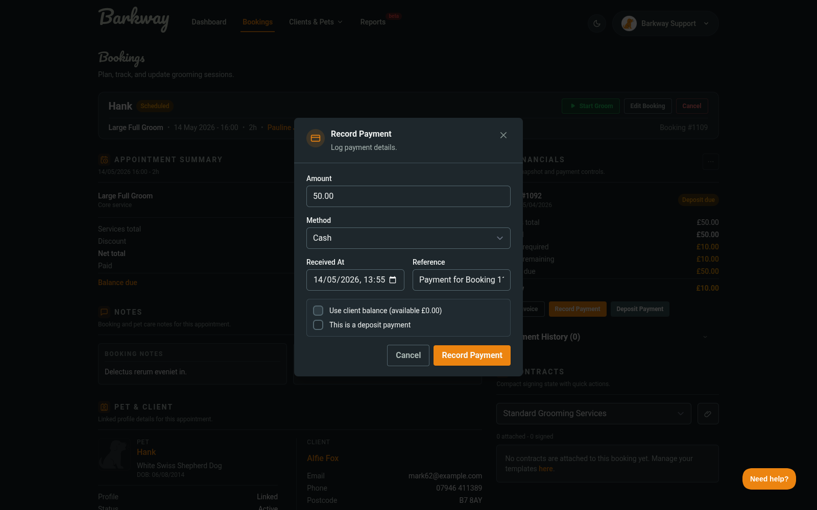 Record payment modal showing amount, method, and received date