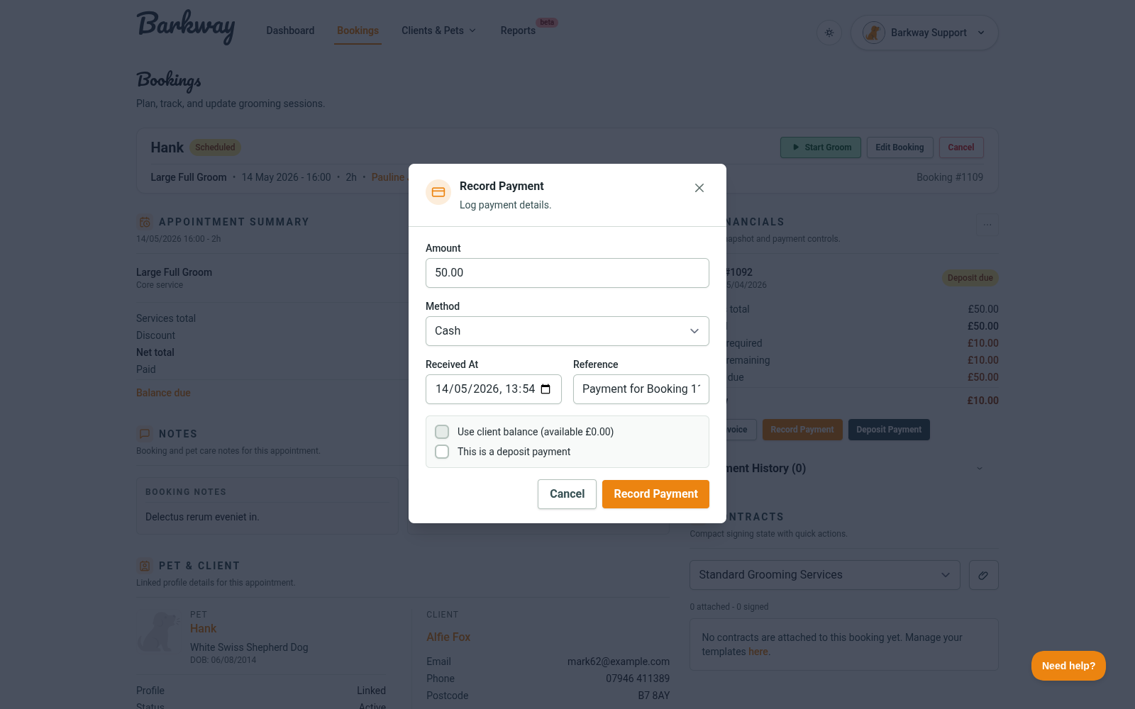 Record payment modal showing amount, method, and received date