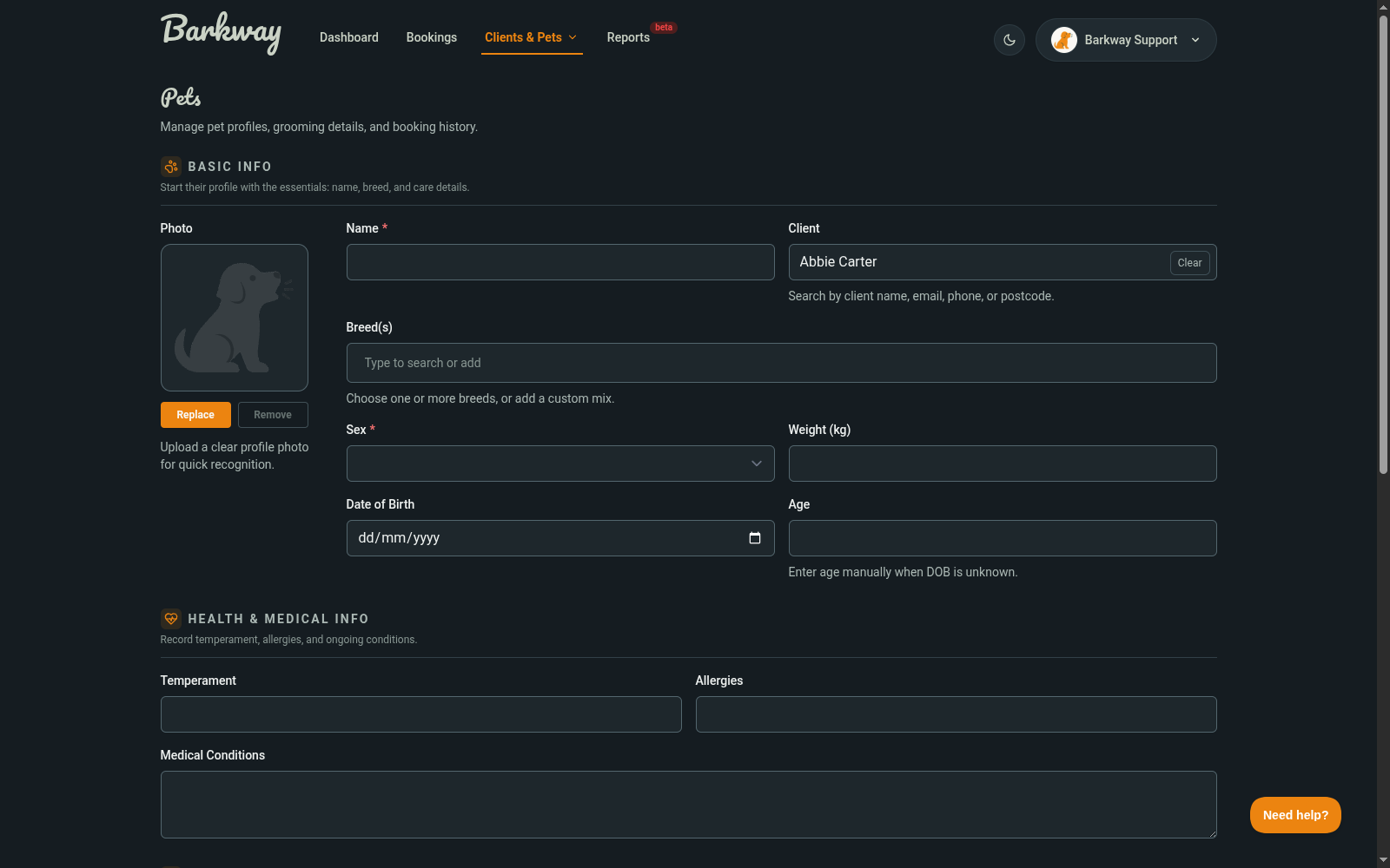 New pet form showing profile and health fields